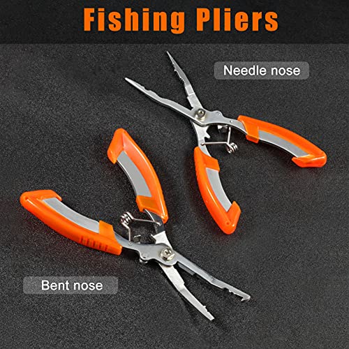 Fishing Pliers Needle & Bent Nose Stainless Steel Hook Remover Fishing scissors Fishings Line Cutter Split Ring Pliers Braid Cutter Multi-purpose Fishings Plier with Sheath and Lanyard
