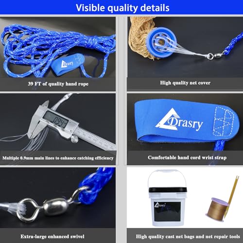 Drasry Saltwater Fishing Cast Net for Bait 3/8 1/4 or 1/2 with Heavy Sinkers Fish Trap Throw Net. Size 3ft/4ft/5ft/6ft/7ft/8ft/9ft/10ft Radius Freshwater Nets - size: 7FT (210cm) Radius, style: Lead Sinkers-0.5 in Mesh-tire Lines