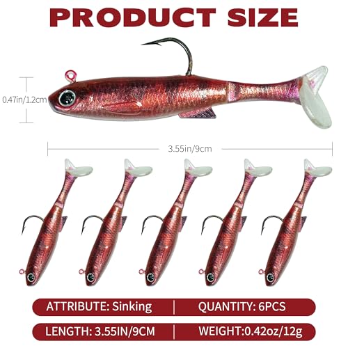 6PCS Soft Plastic Fishing Lures - 3.5in Swim Baits for Bass Pre-Rigged Jig Heads Walleye Fishing Lures with Paddle Tail Swimbaits for Bass Fishing Fishing Soft Plastic Lure Kit - color: Red
