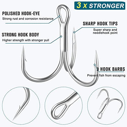 Fishing Red Treble Hooks- 80/120pcs Sharp Round Bend Barbed Treble Hook High-Carbon Steel Triple Hooks for Bass Trout Saltwater Freshwater Size 1/0 1 2 4 6 8 10 12 14 - color: WHITE, size: 120PCS-12#