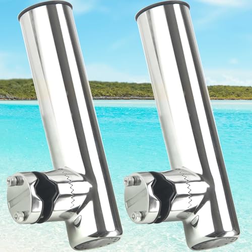 2-Pack Stainless Steel Fishing Rod Holders | 32-Angle Adjustable Clamp-On Rail Mount | Fits 7/8"-1" Rails for Boat, Yacht, RV & Truck | Marine-Grade Anti-Corrosion with Rubber Protector