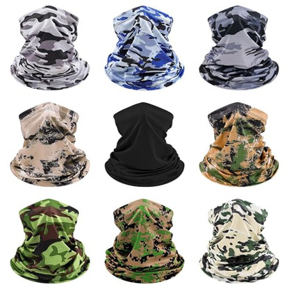 9 Pieces Men Balaclava Neck Gaiter Face Mask Summer Sun Protection Cooling Breathable Head Cover Scarf Bandana - color: Forest Camouflage