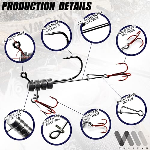 30/20/10 Pcs Tube Jig Heads for Bass Fishing, Tube Bait Worm Hooks rigs for Freshwater Saltwater, 5/16oz, 1/4oz, 3/16oz, 1/8oz - color: A1-5/16oz(10 Pcs Tube Jigs + 20 Pcs #8 Red Triple Hooks)