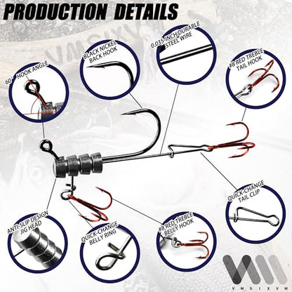 30/20/10 Pcs Tube Jig Heads for Bass Fishing, Tube Bait Worm Hooks rigs for Freshwater Saltwater, 5/16oz, 1/4oz, 3/16oz, 1/8oz - color: A1-5/16oz(10 Pcs Tube Jigs + 20 Pcs #8 Red Triple Hooks)