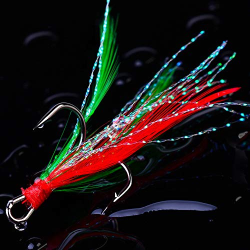 AMHDV Feather Fishing Hooks Strong Treble Hooks Size 2 4 6 8 10 (Pack of 20) - color: Red and green, size: 10#