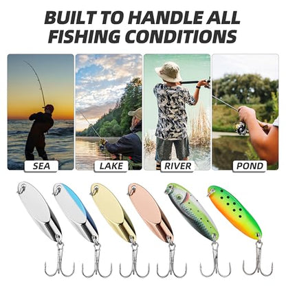 Jigging Spoon Fishing Lure Set 6-Pack Metal Saltwater & Freshwater Casting Spoon Hooks Premium Durable Treble Hooks for Bass, Salmon & Trout Fishing - size: 3/4 oz