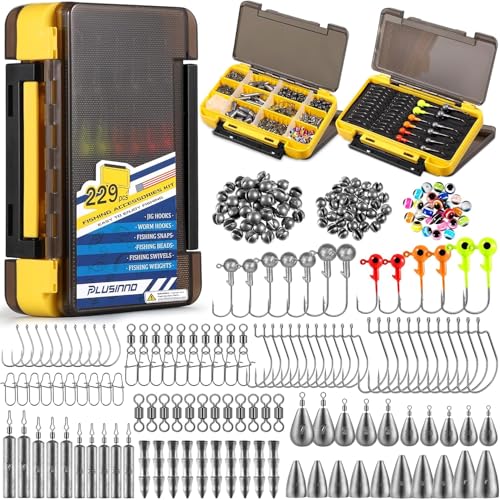PLUSINNO 253/387pcs Fishing Gear Accessories Kit, Fishing Tackle Box with Tackle Included, Fishing Hooks, Fishing Weights Sinkers, Spinner Blade, Fishing Equipment for Bass Trout Bluegill Crappie - color: 229pcs Fishing Accessories Kit