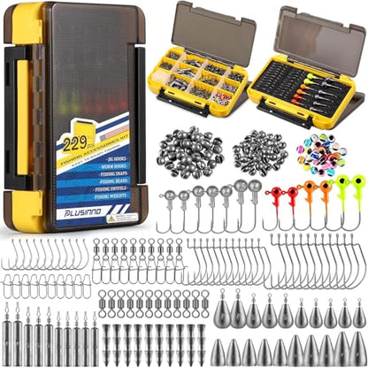 PLUSINNO 253/387pcs Fishing Gear Accessories Kit, Fishing Tackle Box with Tackle Included, Fishing Hooks, Fishing Weights Sinkers, Spinner Blade, Fishing Equipment for Bass Trout Bluegill Crappie - color: 229pcs Fishing Accessories Kit