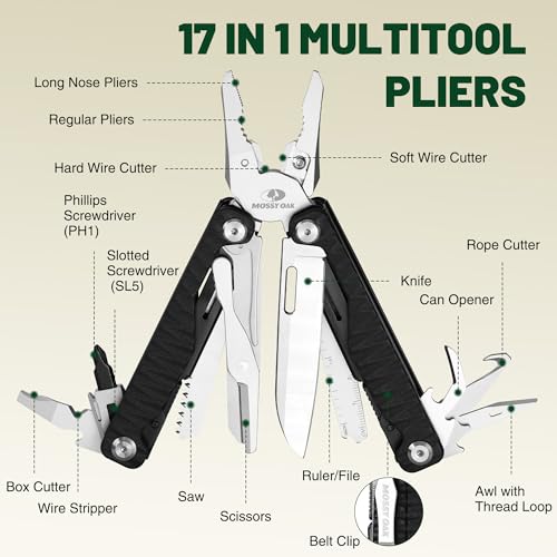 MOSSY OAK Multitool, 17-in-1 EDC Multi Tool with CNC-Machined Steel Pliers, G10 Anti-Slip Handle, Nylon Sheath & Belt Clip – Durable MultiTool for Camping, Hiking, Hunting, Survival, and Everyday Use - style: 17-in-1 with CNC Pliers & G10 Handle