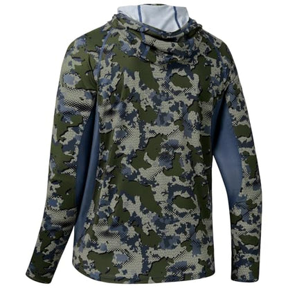 BASSDASH Men's UPF 50+ Camo Long Sleeve Hunting Fishing Hoodie Shirt - color: Green Vegetation Camo With Ash Blue Mesh, size: Large