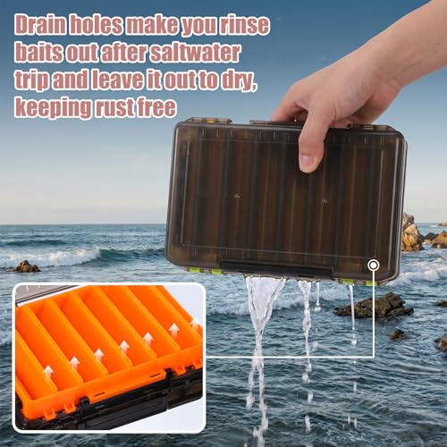 3 Pack Fishing Lure Boxes Tackle Storage Plastic Double Sided Fishing Tackle Organizer with Dividers for Hooks Crankbaits Kayak Boat Freshwater Saltwater Orange Gray Yellow 10.6" × 7.5" × 2.0"