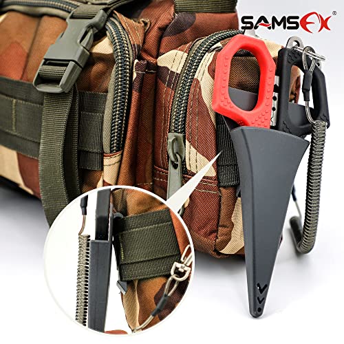 SAMSFX 6.5" Pro Fishing Shears Dual Serrated Blades, Fishing Braided Line Scissors with Titanium Coating, Non-Slip Grip & Multifunction Tool, Includes Hard Molded Locking Sheath & Coiled Lanyard - color: A: Black & Red Kraton Handle, Hard Sheath