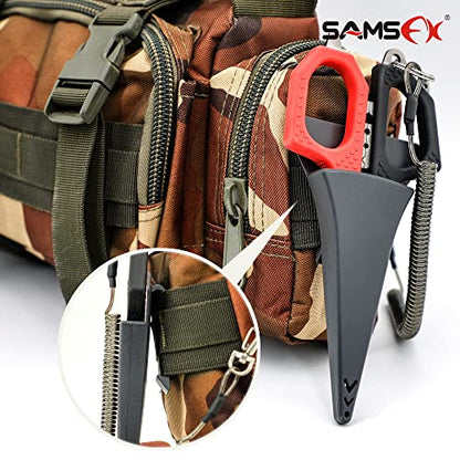 SAMSFX 6.5" Pro Fishing Shears Dual Serrated Blades, Fishing Braided Line Scissors with Titanium Coating, Non-Slip Grip & Multifunction Tool, Includes Hard Molded Locking Sheath & Coiled Lanyard - color: A: Black & Red Kraton Handle, Hard Sheath