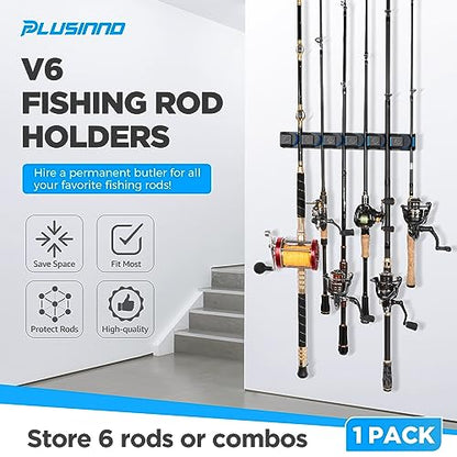 PLUSINNO Fishing Rod Holders - V6 Vertical Support for Extra Large & Heavy Fishing Rod Combos, Garage & Wall Mounted Rack Storage - style: Upgraded 1pack (Support Heavy rod combos)