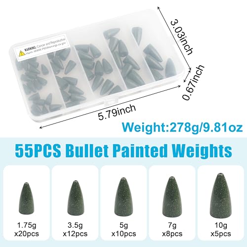 Bullet Fishing Weights Sinkers, 30pcs Worm Slip Sinkers Weight for Bass Fishing Carolina Rig Texas Rig Drop Casting Sliding Weights Saltwater Freshwater - size: 55pcs Weights Kit