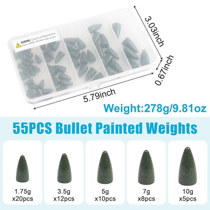 Bullet Fishing Weights Sinkers, 30pcs Worm Slip Sinkers Weight for Bass Fishing Carolina Rig Texas Rig Drop Casting Sliding Weights Saltwater Freshwater - size: 55pcs Weights Kit