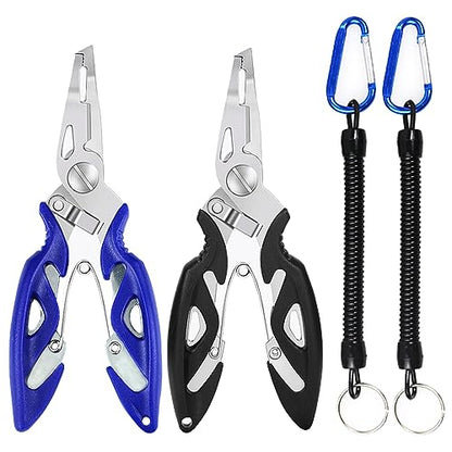 Fishing Pliers, Stainless Steel Fish Hook Remover 2PCS, Multi-Function Fishing Line Cutter Split Ring Opener, Fishing Braid Scissors Gear Accessories Fish Gripper with Lanyard Fly Fishing Tool
