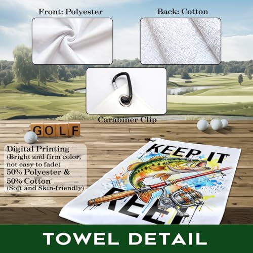 Keep It Reel Polyester Printed Towel with Clip, Funny Bass Fish Fishing Gifts & Accessories for Men Fishman Dad Grandpa from Grandaughter, Fishing Lover Father's Day Retirement Birthday Gifts - color: White & Multi