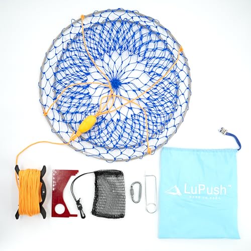 Stainless Collapsible Crab Net with 100ft Rope, Bait Bag, Clip & Ruler – 6 Pieces Portable Crab Trap for Easy Storage – Durable Grid Design for Dock & Pier Crabbing - size: 24 inch