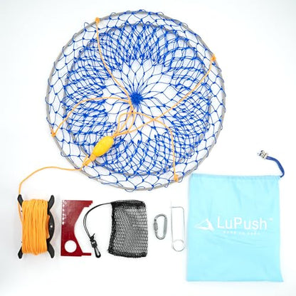 Stainless Collapsible Crab Net with 100ft Rope, Bait Bag, Clip & Ruler – 6 Pieces Portable Crab Trap for Easy Storage – Durable Grid Design for Dock & Pier Crabbing - size: 24 inch