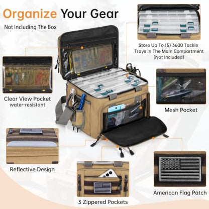 Fishing Tackle Bag - Holds 3400-3600 Size Tackle Boxes -Saltwater & Freshwater Fishing Bags - Padded Shoulder Strap Fishing Bags (Kahki) (Bag Only) - color: Kahki