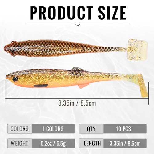 TRUSCEND Shadtale Easy Catch Soft Fishing Lures with BKK Hooks - Trembly Sinking and Vibrating Swim for More Bites, Pre-Rigged Swimbaits for Bass, Trout, Crappie, Walleye, Freshwater Saltwater Fishing - color: F2-3.35",0.2oz,10pcs