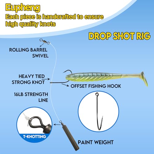 Eupheng Drop Shot Rigs for Bass Fishing, Ready Rig Kit with Barrel Swivel Drop Shot Weights Leader Line and Hook, Multiple Specifications Available - size: #1/0 Hook- 1/5 oz Weight-Qty 5