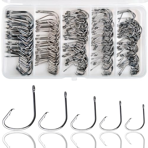 210pcs Fishing Hooks Kit Saltwater Freshwater Circle Hooks High Carbon Steel Barb Fish Hooks Fishing Gear Equipment with Tackle Box Assorted Size Octopus Beak Offset Fishing Hooks