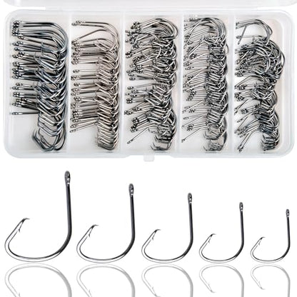 210pcs Fishing Hooks Kit Saltwater Freshwater Circle Hooks High Carbon Steel Barb Fish Hooks Fishing Gear Equipment with Tackle Box Assorted Size Octopus Beak Offset Fishing Hooks