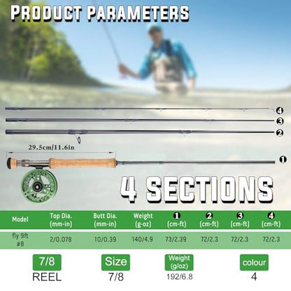 Sougayilang 5/6 Weight 9ft Fly Rod, 4-Piece Graphite Rod, Die Cast Aluminum Reel, Carrying Case, Fly Box & Fishing Flies Combo Starter Kit - color: Fly Fishing Combo #8-Green