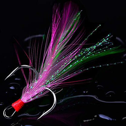 AMHDV Feather Fishing Hooks Strong Treble Hooks Size 2 4 6 8 10 (Pack of 20) - color: Pink and green, size: 8#
