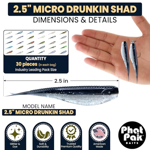Phat Pak Baits - Micro Drunkin Shad Tiny Fluke Style LiveScope FFS Soft Jerkbait 2.5" 30ct Soft Plastic BFS Bass Fishing Lure - color: Baby Bass