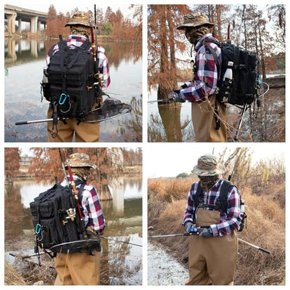 TBNBO 45l Large Fishing Tackle Backpack with Removable Plier Holder & Rod Holders, Fishing Gear and Tackle Box Organizer, Hiking Rucksack without Tackle Box,Black Tactical Bag - color: Black