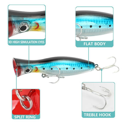 Popper Fishing Lures Topwater Fishing Baits Hard Baits 3D Eyes Swimbait Crankbait with Treble Hook for Bass Trout Freshwater Saltwater - color: 6pcs-5in/1.5oz