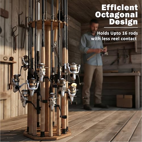 Rush Creek Creations 16-Rod Round Fishing Rod Holder for Garage, 360° Access Fishing Pole Holder for Fishing Rods, Reels, Gear, and Accessories, Securely Holds 16 Rods, Wood Grain - color: Wood Grain