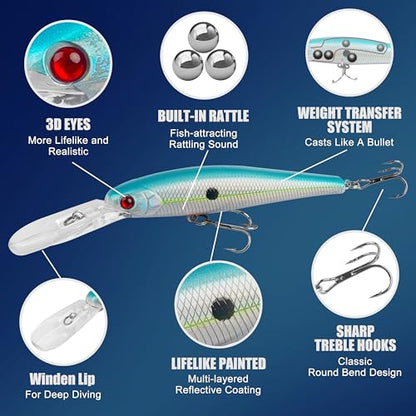 OROOTL Minnow Jerkbait Fishing Lures, 10pcs Deep Diving Jerk Baits Kit Saltwater Trolling Lures Lifelike Swimbaits Hard Lure for Bass Trout Walleye Bluefish Saltwater Freshwater
