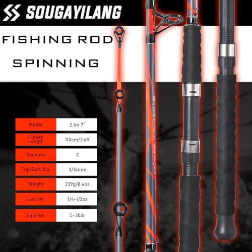 Sougayilang Spinning Rods, Strong Carbon&Glass Composite Fishing Pole with Stainless Steel Line Guides for Catfish- 7'0" - color: Red