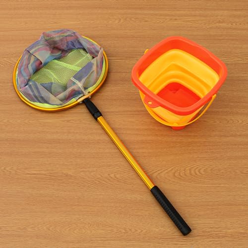 Kids Fishing Net - Telescopic Landing Net with Aluminum Pole Handle, Collapsible Bucket Sand Pail, Butterfly Net for Outdoor Play - color: Orange