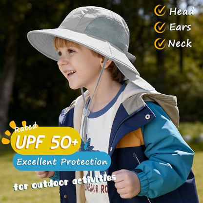 Outdoor Kids Sun Hats with Neck Flap Boys Girls Wide Brim UPF 50+ UV Protection Children Bucket Hat Safari Hat - color: 1pack-lightgrey