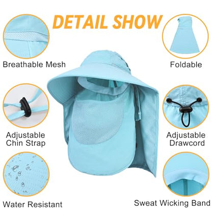 Sun Hats for Men Women Detachable Face Cover Wide Brim Fishing Hats with Neck Flap UPF 50+ Outdoor Safari Hats - color: Blue