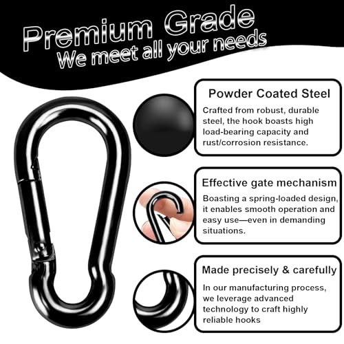 Carabiner Clips Black Twours Spring Snap Hooks Small Carabiners Heavy Duty Galvanized Steel Quick Links for Rust-Resistant Keychain Clips Outdoor Hiking Camping Hammock Fishing 1.56" 1.97" 2.36" 3.15" - size: 1.97inch(M5)--24pcs