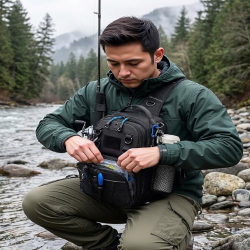 Fishing Bag, Small Fishing Tackle Sling Bag with Rod & Beverage Holder, Convertible Crossbody Shoulder Bag, Fish Gifts for Men Women, Black - color: Black