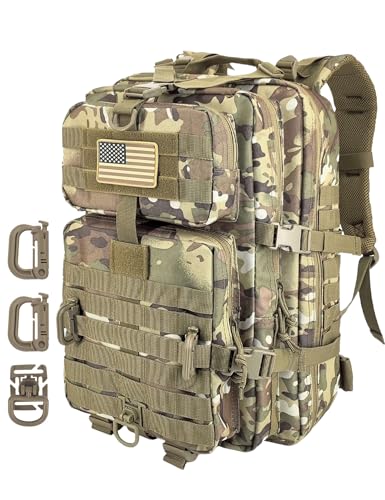 Hannibal Tactical MOLLE Assault Backpack, Tactical Backpack Military Army Camping Rucksack, 3-Day Pack Trip w/USA Flag Patch, D-Rings Cp - color: Camouflage