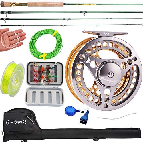 Sougayilang Fly Fishing Rod Reel Combos with Lightweight Portable Fly Rod and CNC-machined Aluminum Alloy Fly Reel,Fly Fishing Complete Starter Package - color: Fly Fishing Full Kit 7-8#