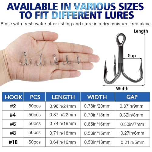 Dovesun Fishing Treble Hooks Outward-Angled Point 3X Strong Professional V Triple Fishing Hooks for Saltwater and Freshwater 50PCS Size #10#8#6#4#2 - size: #2 * 50PCS