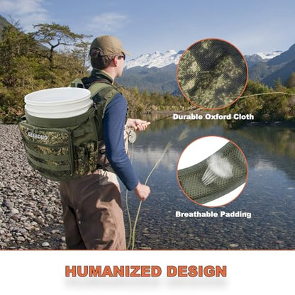 Fishing Bucket Backpack with Rod & Plier Holder and Pockets for Fishing, Hunting, Apple Picking for 5 Gallon Bucket (Camo) - color: Camo