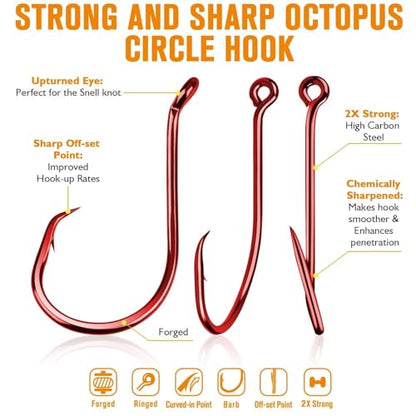 Dovesun Circle Hooks for Catfish 2X Strong 100PCS Catfish Hooks Octopus Circle Hooks Saltwater and Freshwater Black & Red Size 1/0-8/0 - color: Red, size: 2/0*100PCS