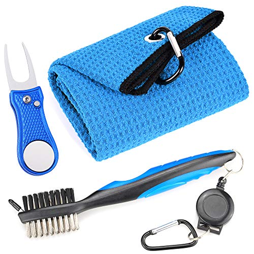 Mile High Life Microfiber Waffle Pattern Golf Towel | Club Groove Cleaner Brush | Foldable Divot Tool with Magnetic Ball Marker (Blue Towel/Brush/Bone Divot) - color: Blue Towel/Brush/Bone Divot