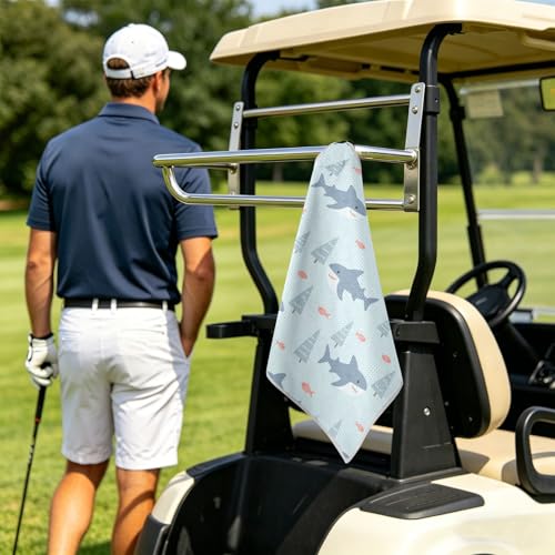 Sharks Fish Tree Blue Print Magnetic Golf Towel for Golf Bags Microfiber Golf Essentials for Men Women with Carabiner Clip Attaches to Clubs and Carts, 17.7"x17.7"