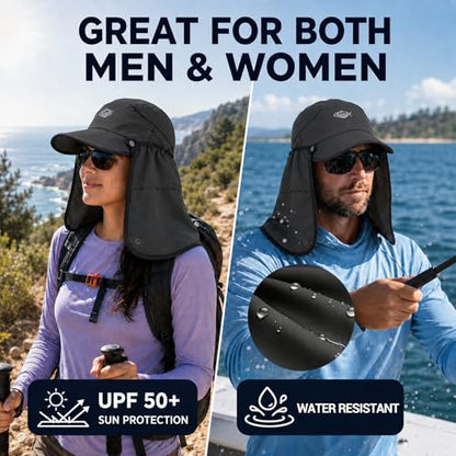 Palmyth Fishing Sun Hat with Detachable Neck Flap UPF 50+ Baseball Cap | Convertible Ventilation Panel, Sunglass Lock, Water Resistant, Foldable, Ventilation Holes, 3 Ways to Wear, Men & Women - color: Dark Grey